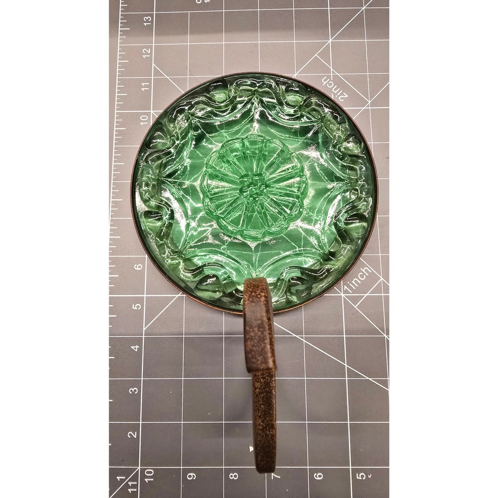 PartyLite Green Pressed Glass Wall Sconce Bronze Metal Hook Sunburst Pattern